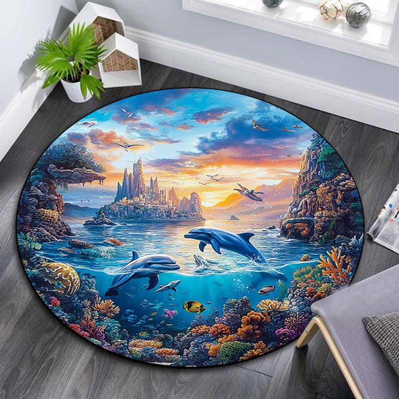 Dolphins Coral Round Area Rug,Carpet Rug for Living Room Bedroom Sofa Playroom Decor,Non-slip Floor Mat