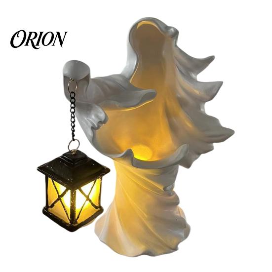 Seasonal Holiday Garden Ornaments Halloween Ghost Messenger Resin Figurine, Witch Statue with Lantern, Waterproof Indoor Outdoor Decorative