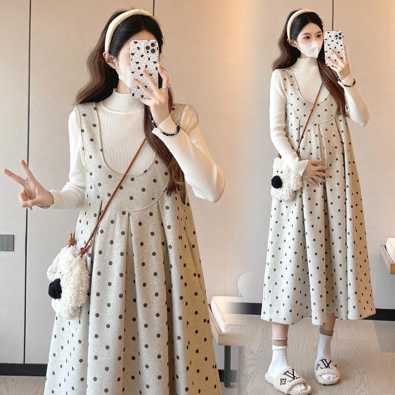 Korean Style Polka Dot Woolen Maternity Dress & Sweater Set for Autumn/Winter