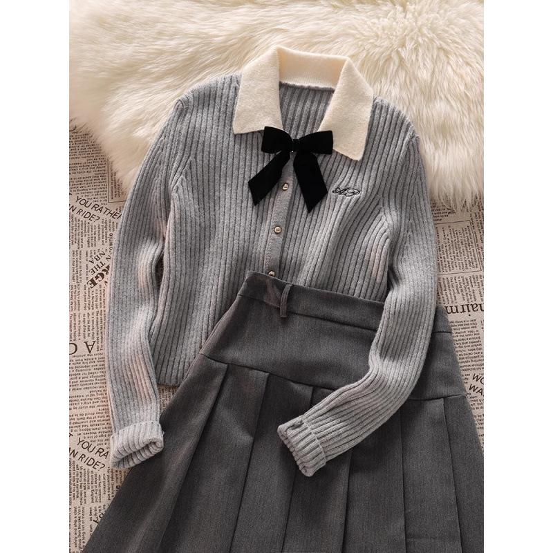 Korean College-Style Knitted Sweater & Pleated Skirt Set for Women