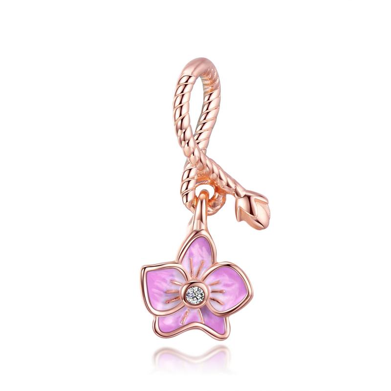 BISAER 925 Silver Rose Gold Charm Bead Heart Flower Pendant For Girl Bracelet DIY Mother's Day Birthday Fine Jewelry