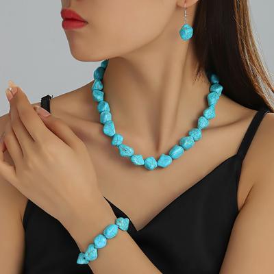 Turquoise Beaded Bracelet Earrings Pendant Set Irregular Beads Natural Stone Jewelry Handmade Accessory Set for Women and Girls