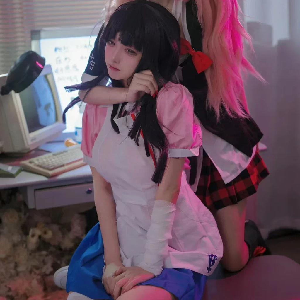 Danganronpa Mikan Tsumiki Cosplay Outfit Mit Perücke Anime Halloween Verzweiflung Ultimative Krankenschwester Uniform Hausmädchen Kostüm Komplettes Set Für Frauen