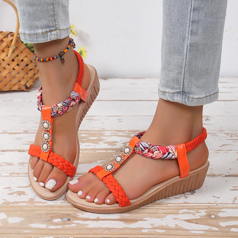 Fashion Summer String Bead Wedge Sandals 2025 New Women's Shoes Elastic Band Women's Sandals Fashion Color Matching Casual Sandals Women
