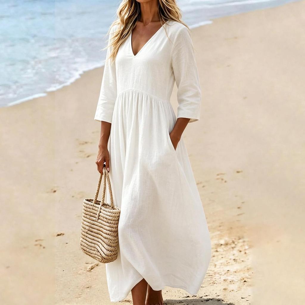 Women V Neck Three Quarter Sleeve Loose Fit Cotton Linen Dress with Pockets Casual Solid Midi Length Comfortable Style