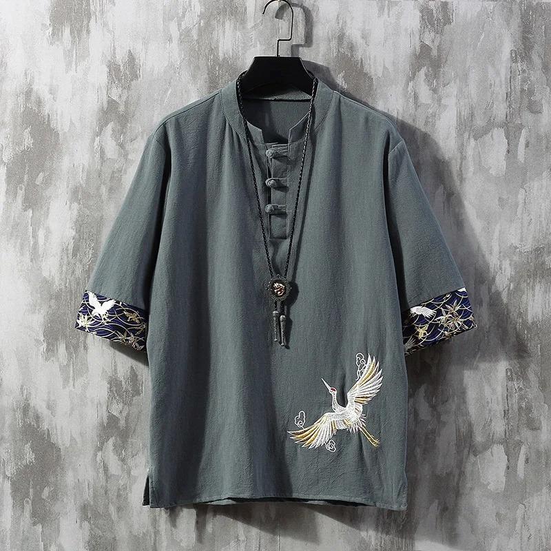 

Chinese Style Disc Button Linen T-shirt Mens Summer Short-sleeved Tang Shirt Loose Large Size T-shirt Japanese Kimono Men New M