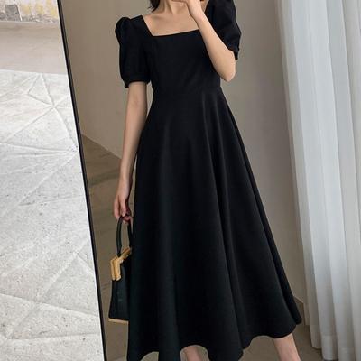 Summer Short Sleeve Square Neck Elegant Women Dress Fashion Loose Slim Fit Casual Office A-line Party Dresses Female Simple Solid Color Woman Clothing