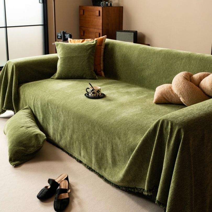 Minimalist Herribone Style Chenille Sofa Towel with Tassels Edge Sofa Cover Blanket Home Decoration Leisure Relax Beach Towel verde