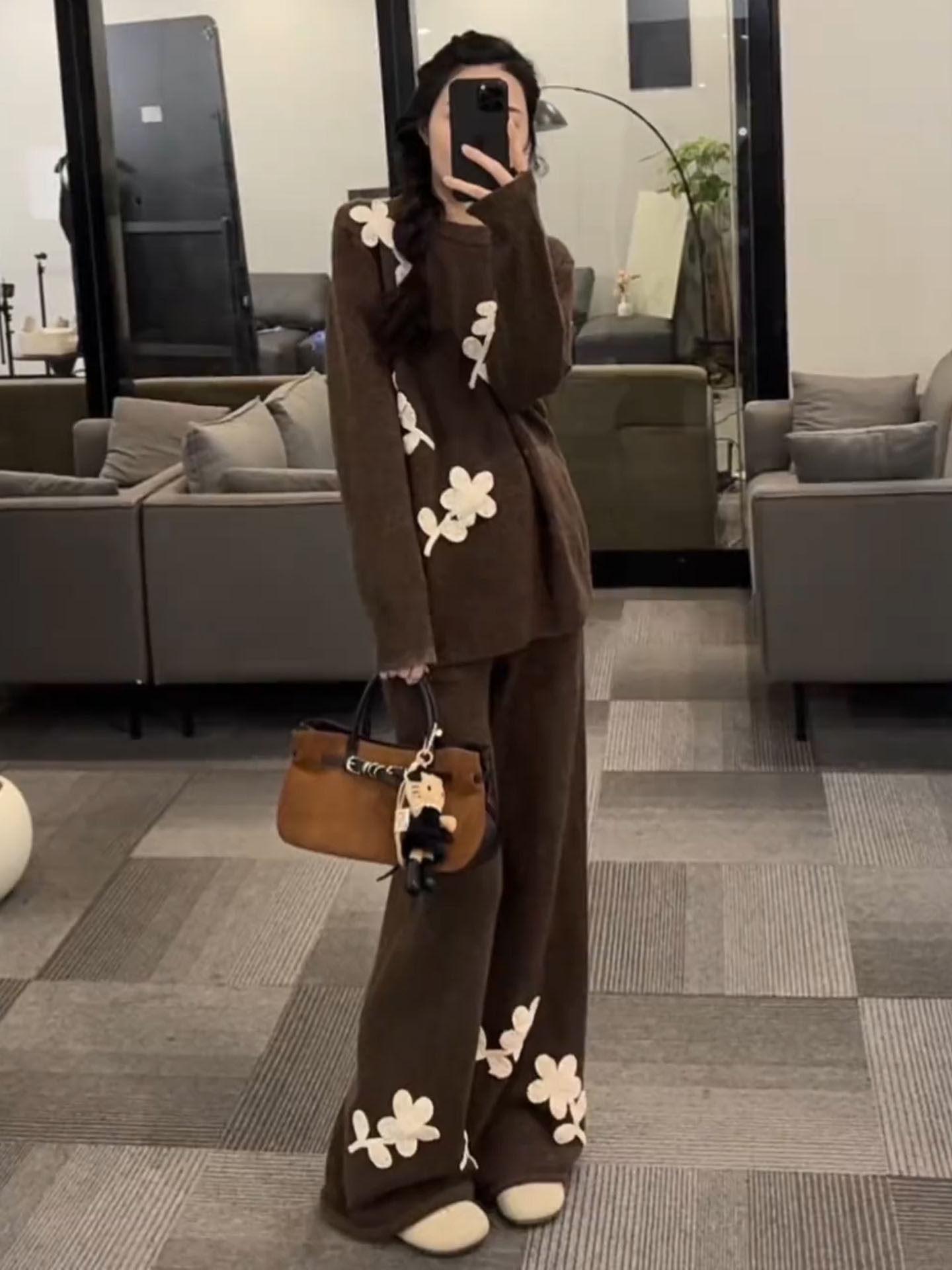 

2026 Spring Korean Style Floral Top & Wide-Leg Pants Set – Casual Long Sleeve Two-Piece M