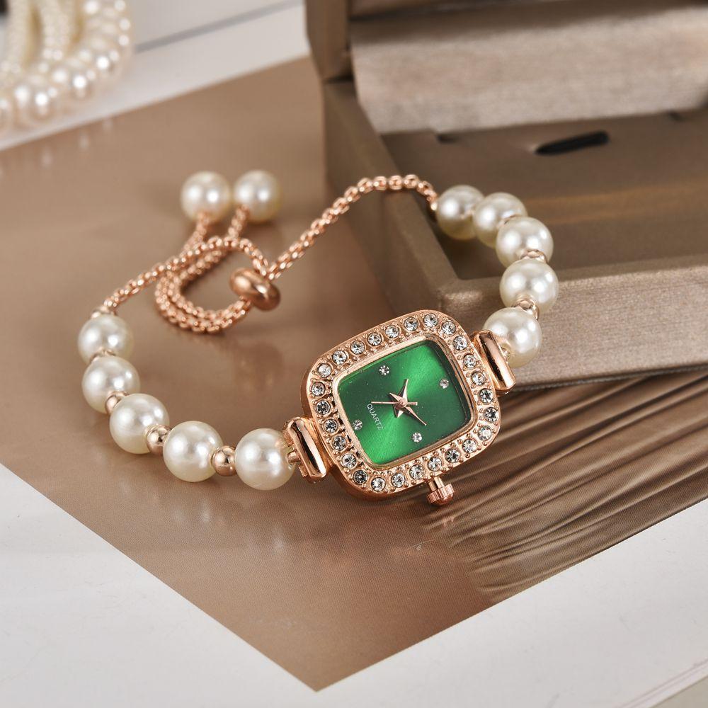 Ceas de Dama Fashion cu Curea de Perle, Diamante, Cadran Pătrat, Brățară cu Ajustare Liberă, Cadou pentru Femei, Ceas Quartz