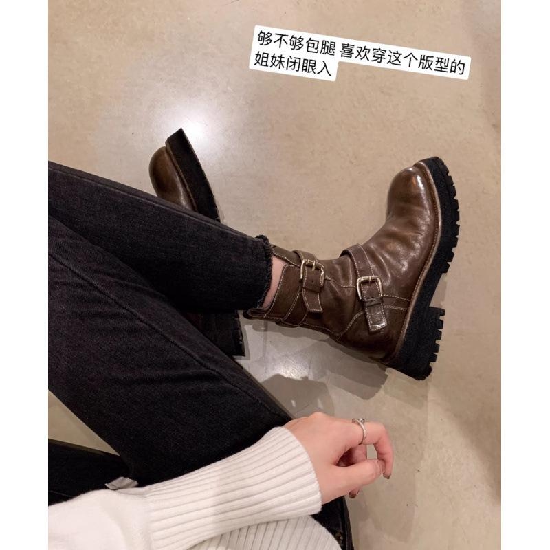 

Shoes Washed Shrinkled Horse Leather Buckle Side Zipper Coarse Heel Martin Boots Women s Autumn 40