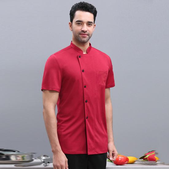 Hotel Chef Clothes Stand Collar Single Breasted Short Sleeve Breathable Overalls Stain Proof Cotton Blend Summer Chef Shirt Restaurant Kitchen