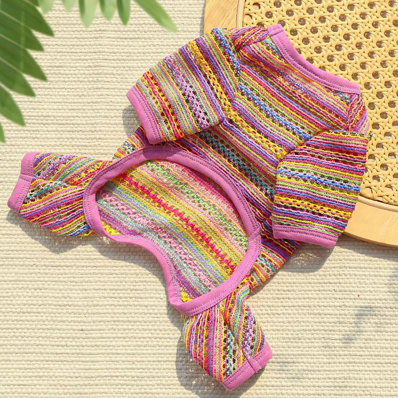 Breathable Hollow-Out 4-Legged Dog Jumpsuit for Small Dogs - Colorful Striped Puppy Clothing (2 Colors)