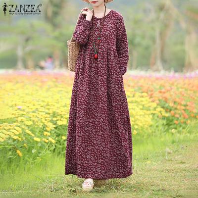 Vestido longo de manga comprida com estampa floral vintage casual com decote em O