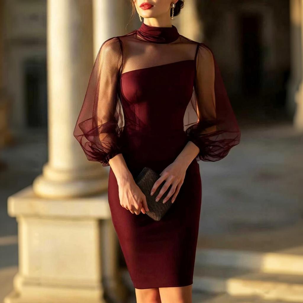 Women's Mock Neck Sheer Mesh Sleeve Midi Dress Slim Fit Bodycon Cocktail Party Dress