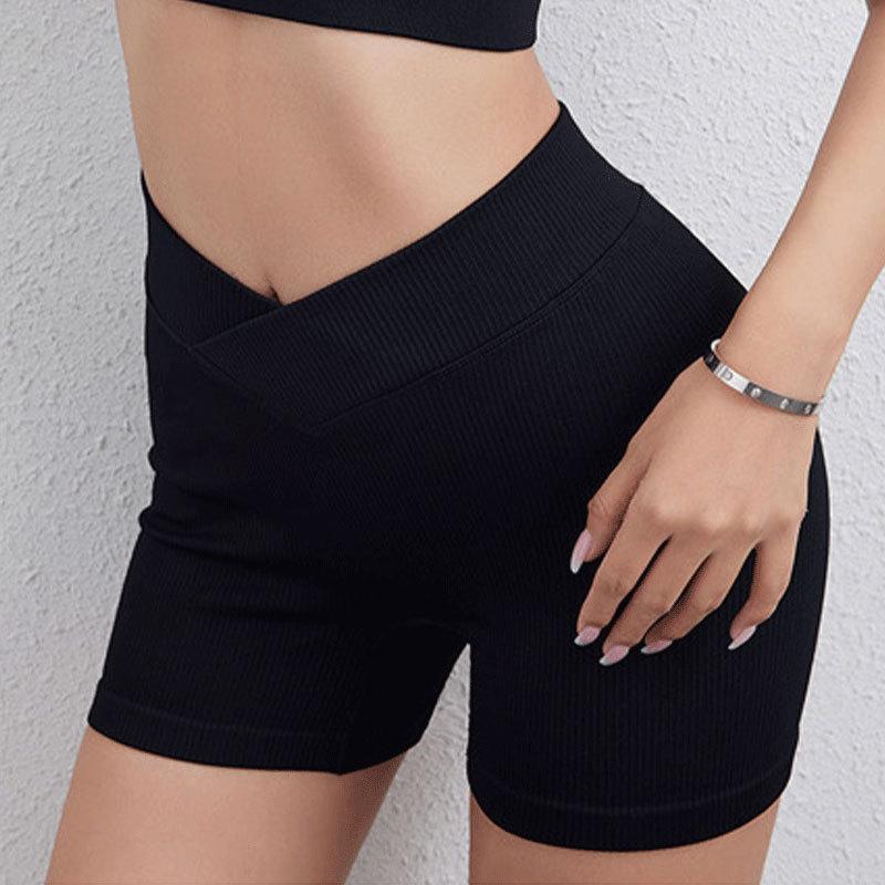 Cross-waisted high-waisted tight shorts for women, ribbed quick-dry cycling sports pants, yoga three-quarter pants S