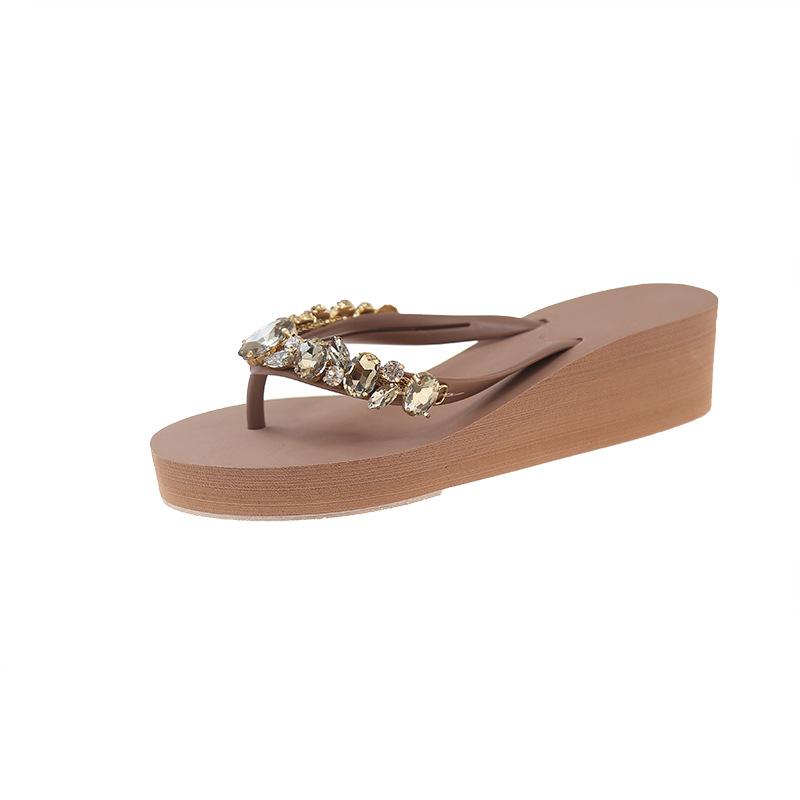 2026 New Comfortable and Fashionable All-match Beach Shoes Non-slip Soft Bottom Casual Flip-flops Rhinestone Chain Flat Slippers