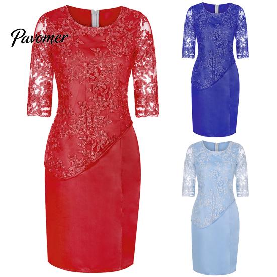 Plus Size Party Sheer Half Sleeve Floral Lace Layered Mother of Bride Midi Dress