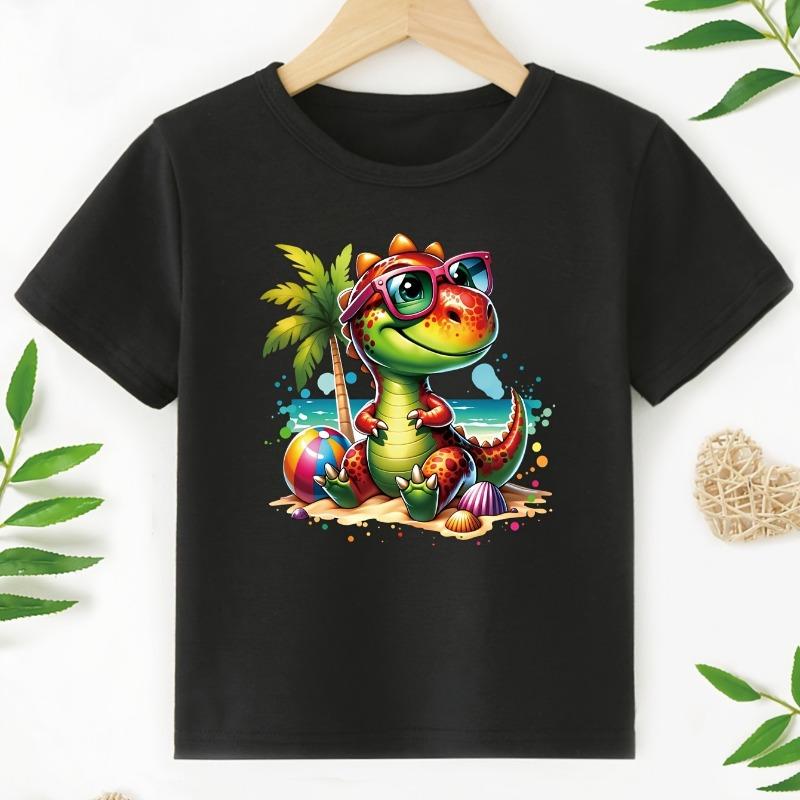 Boys' Dinosaur And Coconut Tree Pattern Print Handsome All-Match Casual T-Shirt