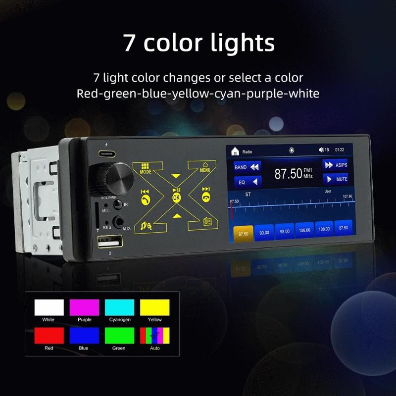 2026 Portable Car Radio Stereo 1 Din 4.1" Touchscreen Bluetooth MP5 Player USB Type-C Charge TF AUX FM RCA Audio 7 Color Lights Vedio Input 60W*4 12V