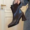 Retro High Heels Skinny Boots Women's Autumn and Winter New Brown Boots Maillard Short Boots Thick Heel Square Head Martin Boots Women