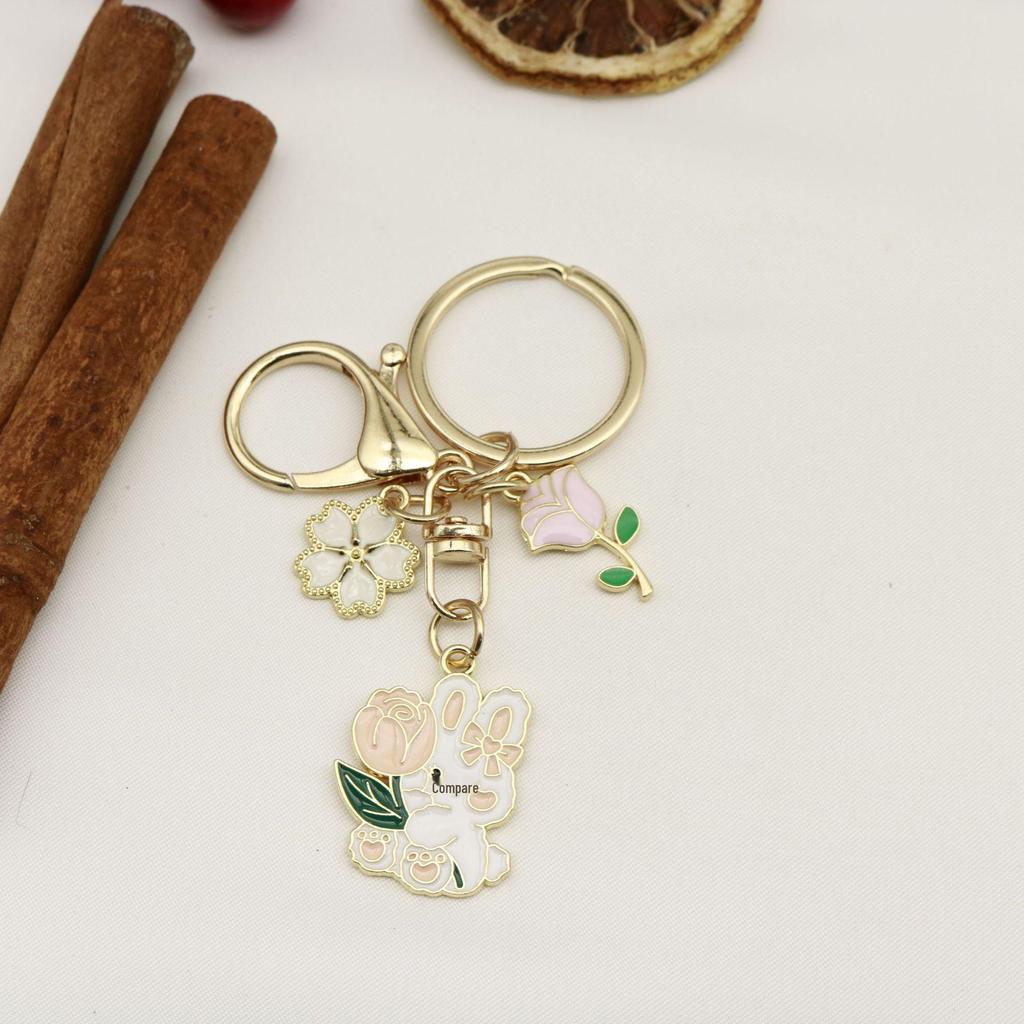 Cute Cartoon Rose Flower Rabbit Keychain - Festive New Year Gift & Backpack Pendant Pair