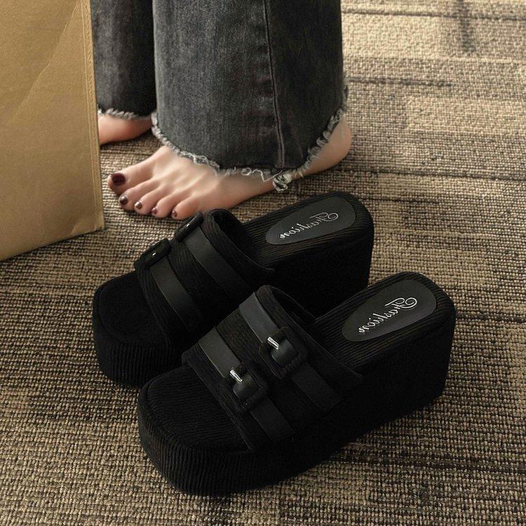 

Fashion Square Head Platform Slippers Belt Buckles Corduroy Open-toe Women Sandals 2025 Summer New Designer Shoes Fashion Wedge Sandals 41 чёрный