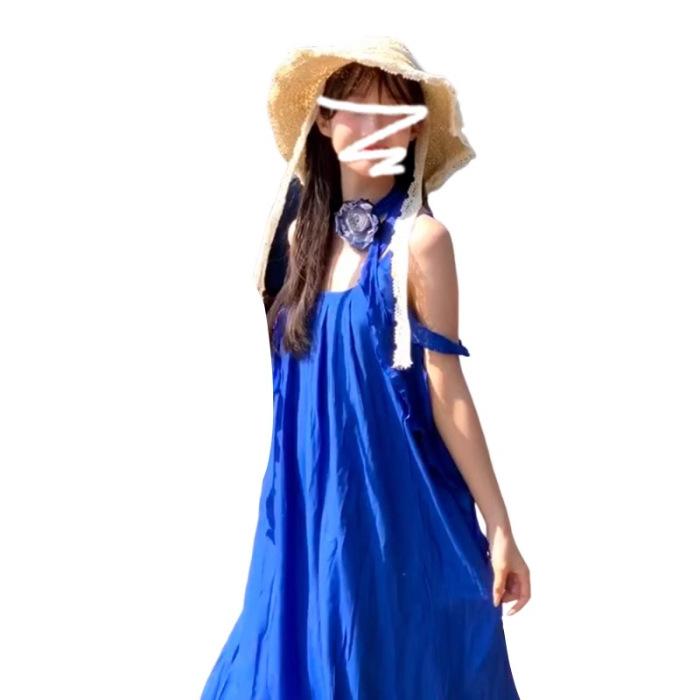 

New blue high-end suspender dress for children s summer seaside vacation wear waist beautiful long dress XL