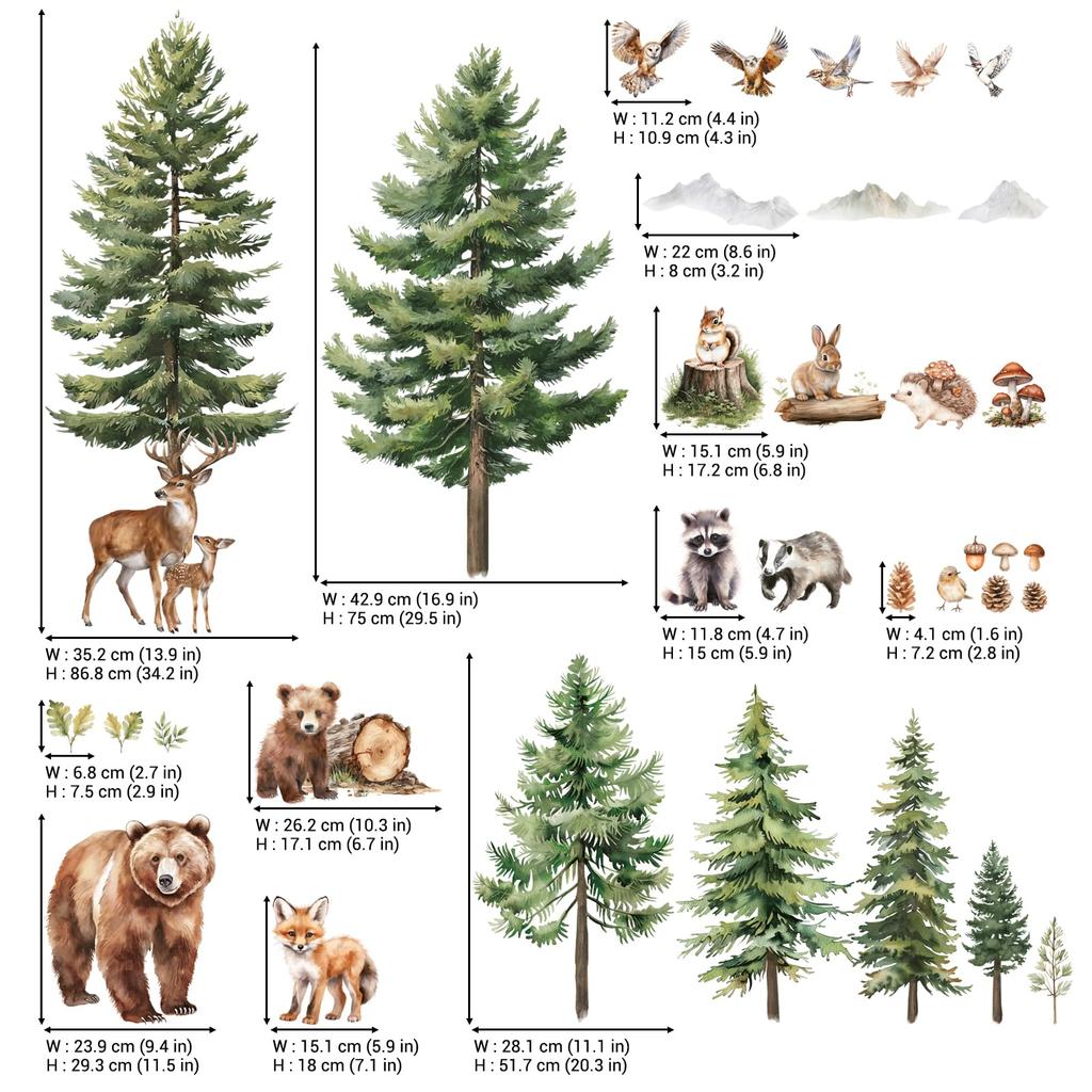 DECOWALL Watercolor Forest Animals Wall Stickers with and Tree Design for and Removable DIY Wall Decor for and Infants Bear, Deer, Fox, Kids' Rooms,