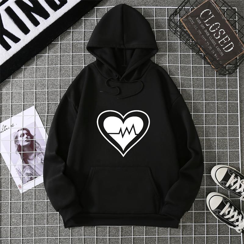 Women's Fleece Lined Hoodie Solid Color Heart Print Kangaroo Pocket Drawstring Printed Hooded Sweatshirt Streetwear