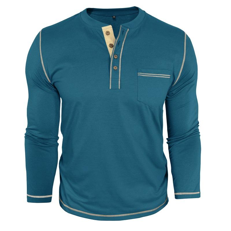 Men Vintage Contrast Color Crew Neck Long Sleeve Pocket Casual Henley T Shirt