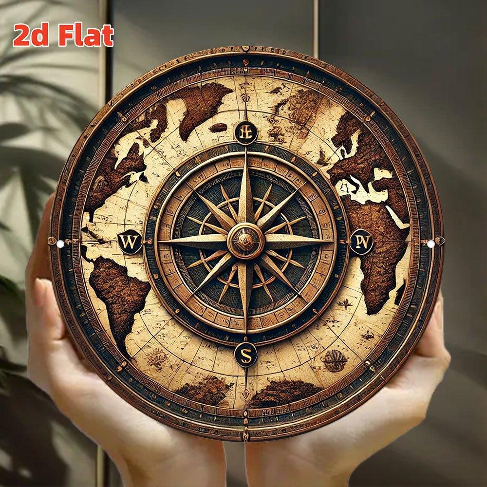 Vintage World Map Compass Round Wall Art In Indoor Outdoor Hanging Sign Decor for Home Bar Cafe Garage Unique Birthday Holid