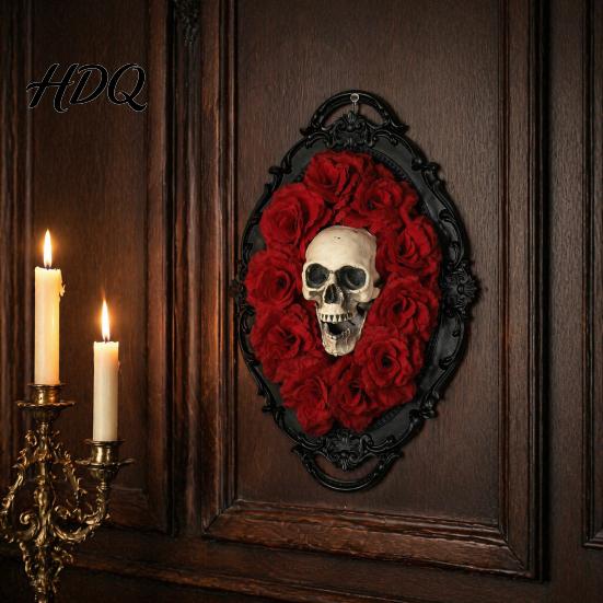 Retro Gothic Skull Decor Halloween Wall Decoration Vintage Red Rose Frame Sculpture Aesthetic Art Horror Spider Web Ornament for Holiday Party