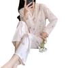 2026 Spring Cartoon Print Chiffon Pajama Set for Women, Cardigan Long Sleeve & Long Pants Home Wear Set