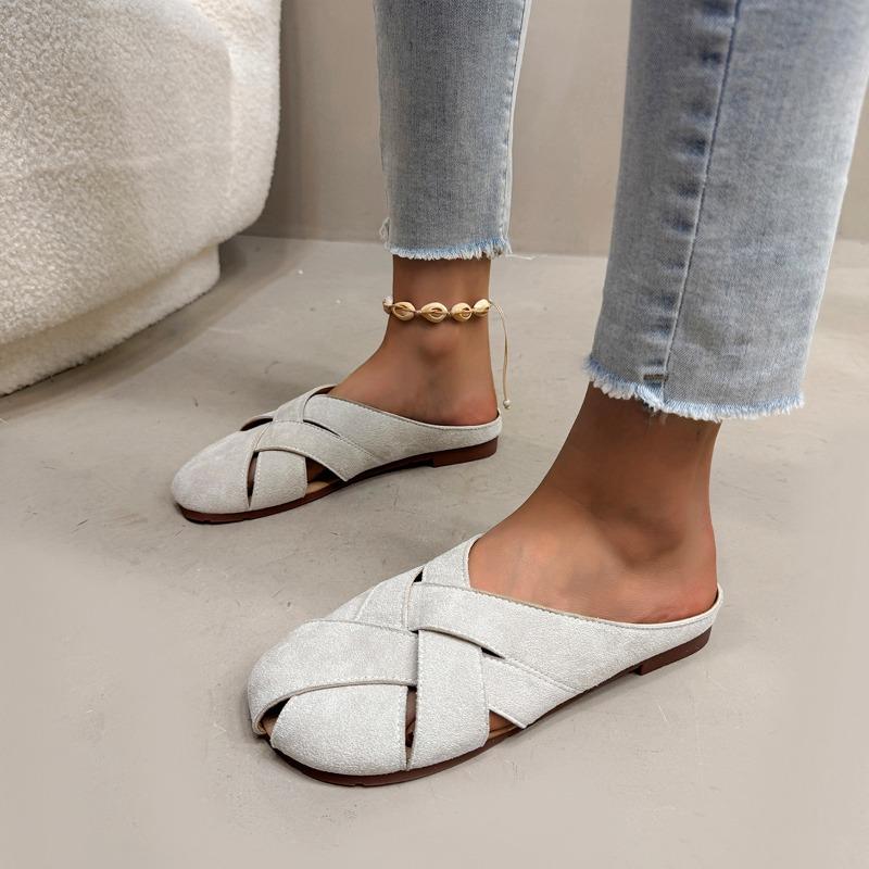 Fashion Size 43 Low Heels Indoor/outdoor Slippers Summer Round Head Broadband Crossover Design Comfor Walking Mules Shoes