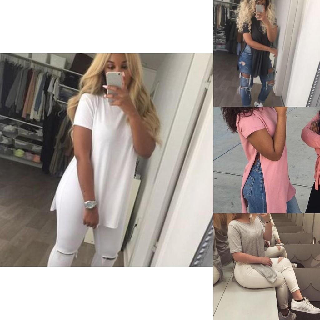 Women's Premium Quality Long T-shirt Round Neck Short Sleeve Split Tops Casual Dress