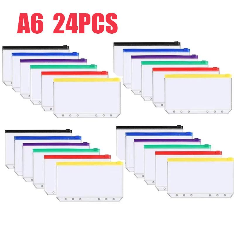 6-24PCS A6 6-Hole Zipper Binder Pockets Waterproof PVC Cash Budget Envelopes Loose Leaf Bag For Binder Notebook Planner