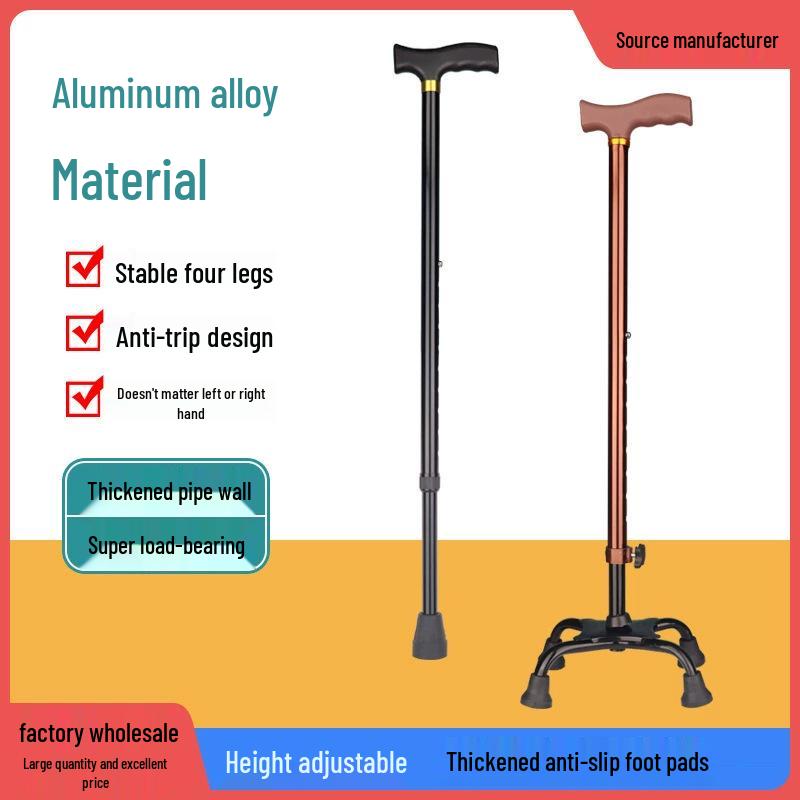 Bengala Ajustável Antiderrapante de Quatro Pontas para Idosos - Liga de Alumínio Leve e Aço Inoxidável