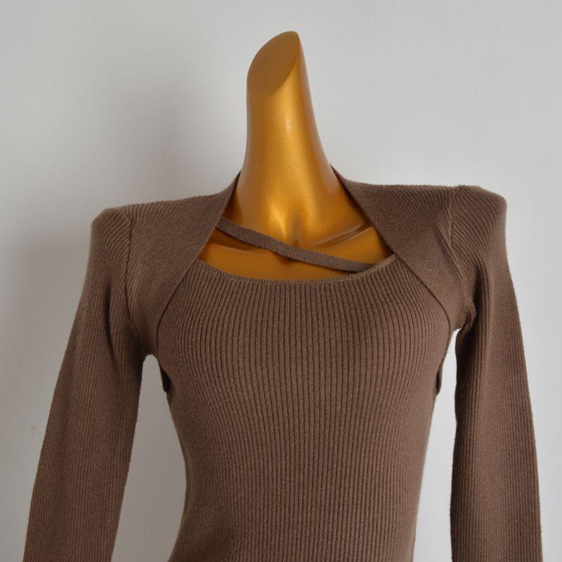 Spring & Fall New Arrival Square Collar Cut Out Fake Two Drawstring Bottoming Shirt Women's Clothing Silm Long Sleeves Knitwear Easiest for Match Tops