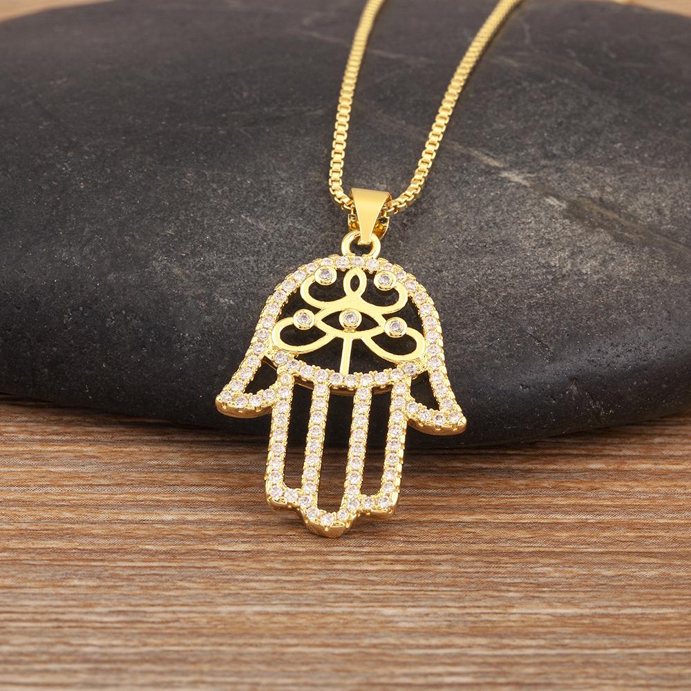 Nidin New Fashion Lucky Palm Shape Evil Eye Pave Zircon Charm Pendant Necklace 4 Styles Girl Clavicle Chain Accessories Gifts