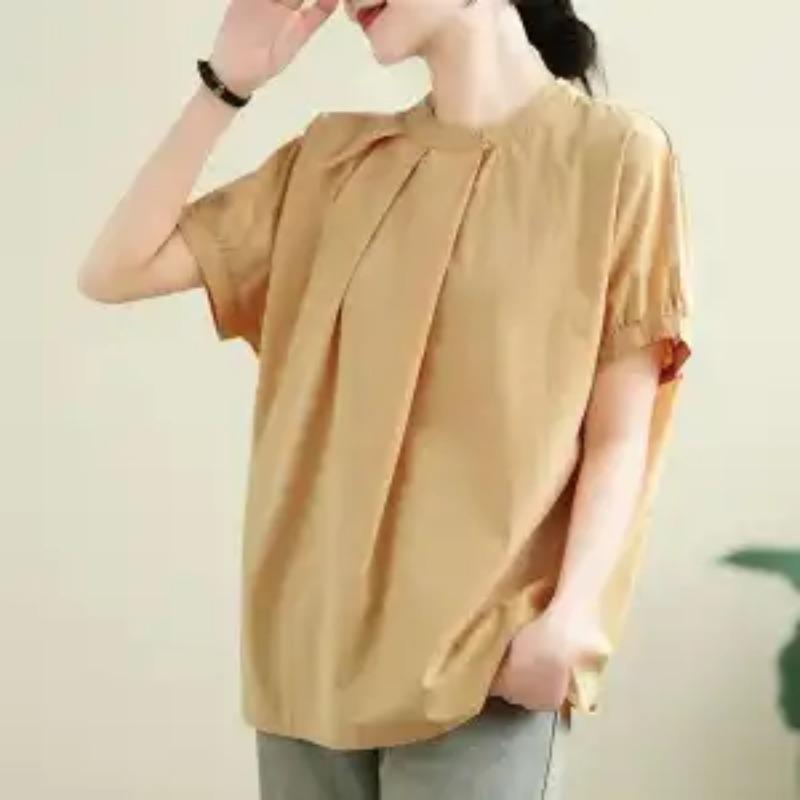 Japansk Oregelbunden Veckad Lös Ståkrage Kortärmad Skjorta Dam Sommar Ren Bomull Topp