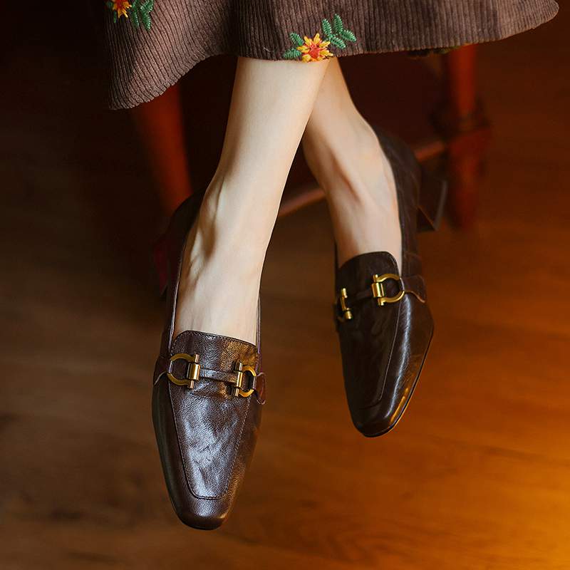 Krazing Pot Sheepskin Round Toe Chunky Heels Autumn Summer Shoes Slip On Women Retro Fashion Pumps