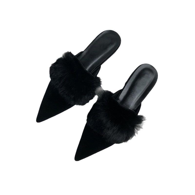 Lente en Herfst Nieuwe Mode Dunne Hak Hoge Hak Harige Sleep Platte Zool Puntige Neus Baotou Halve Slippers Trend