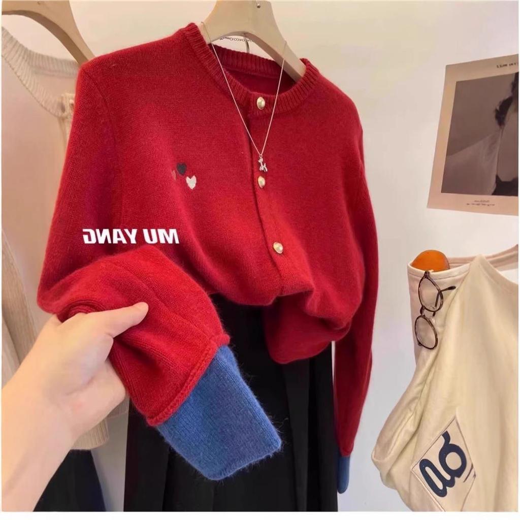 Autumn/Winter Wool Knit Cardigan: Stylish Patchwork Heart Embroidery