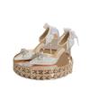 High heels women's 2025 summer new pointed head shallow mouth thin heel bow wedding shoes ribbon pearl chain hollow sandals