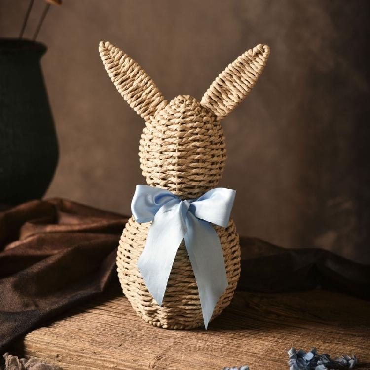 Artistic Woven Faux Rattan Easter Bunnies Figurine Decoration with Bowknot for Farmhouse Home Decors Festives Ornament