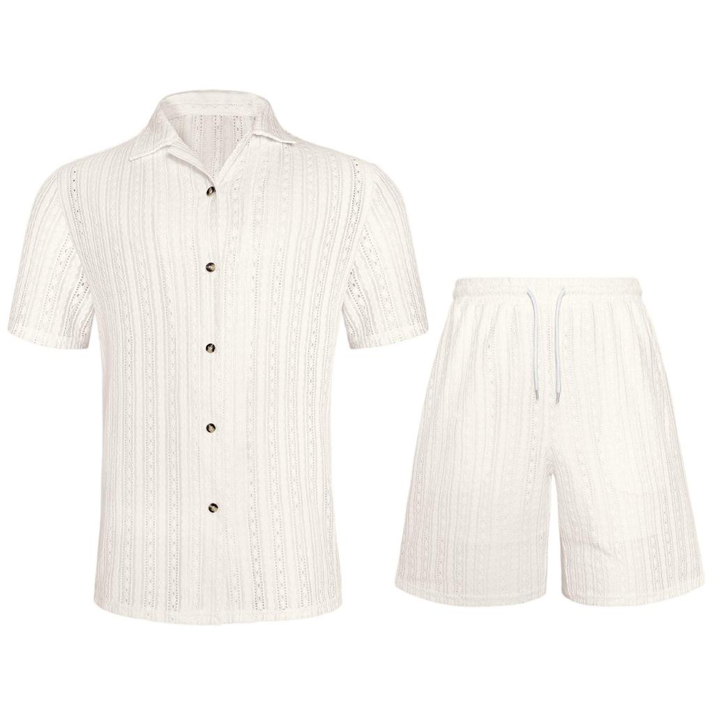 Conjunto Casual de Verão Masculino Duas Peças Camisa de Botão Manga Curta Shorts com Cordão Tecido Leve Respirável Caimento Relaxado