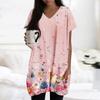 Womens Tops V-neck Short Sleeve Blouses Casual Mid-length Shirts Fashion Print Tunic Tops With Pockets