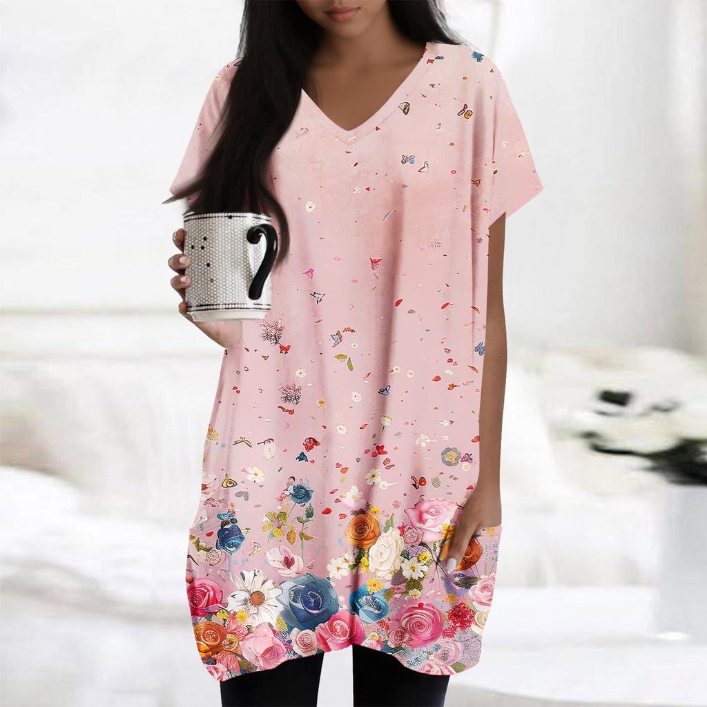 Womens Tops V-neck Short Sleeve Blouses Casual Mid-length Shirts Fashion Print Tunic Tops With Pockets