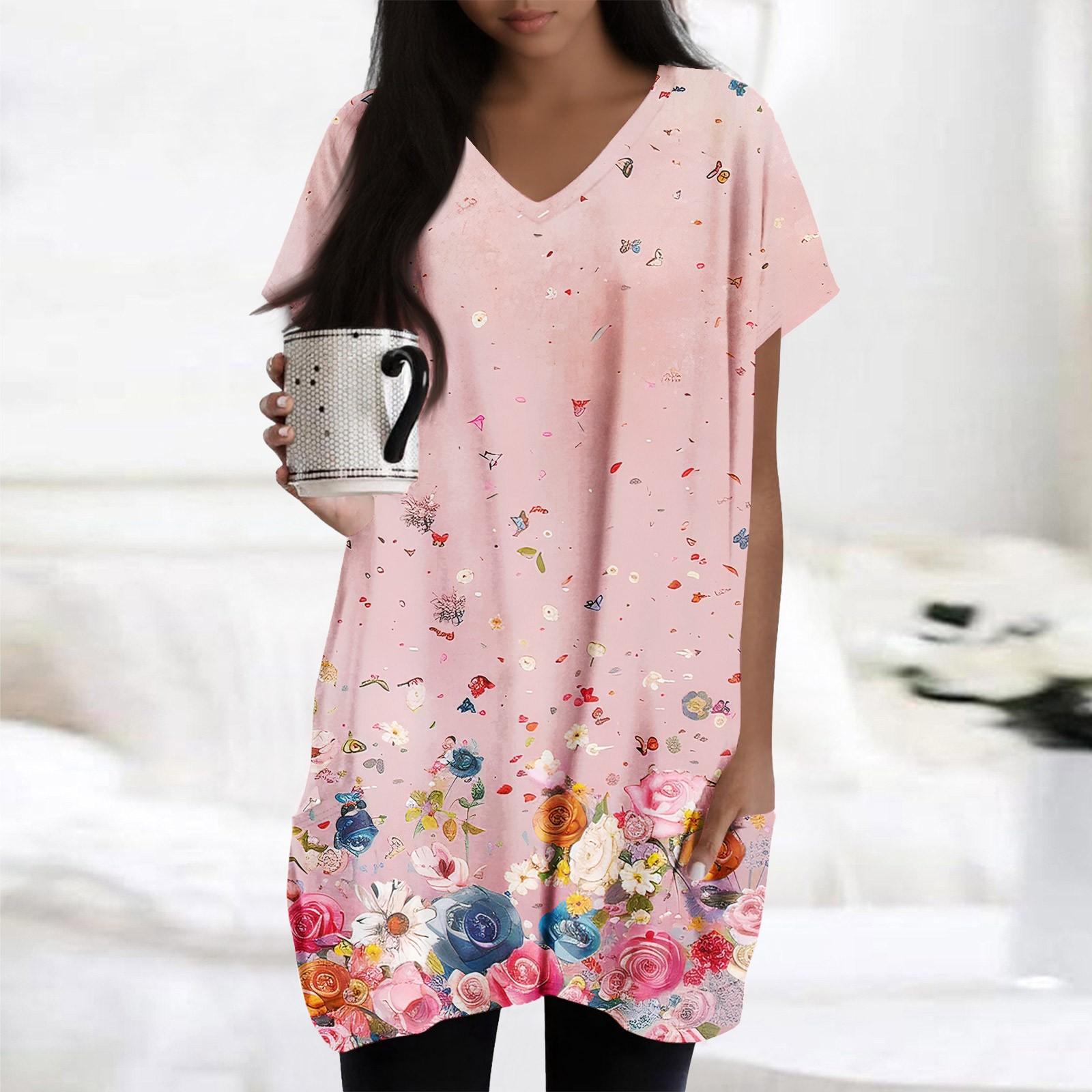 

Женские топы с V-образным вырезом, блузки с коротким рукавом, повседневные рубашки средней длины, модные туники с принтом и карманами S розовый